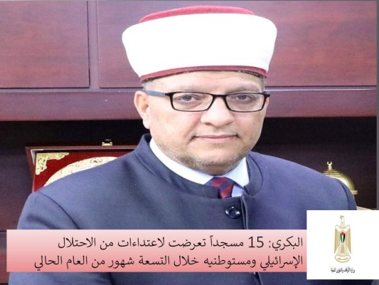 البكري: 15 مسجداً تعرضت لاعتداءات من الاحتلال الإسرائيلي ومستوطنيه خلال التسعة شهور من العام الحالي&nbsp;.